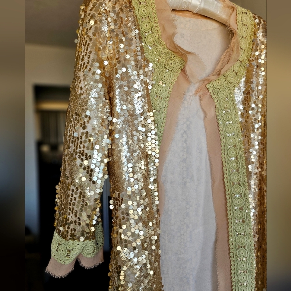RARE Gold Sequin Jacket Women's O/S Festival Bohemian Statement - Picture 4 of 8